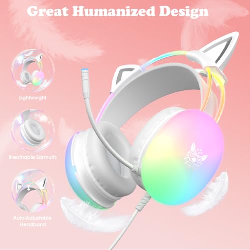 Cat Ear Gaming Headset with Microphone, RGB Rainbow Lighting, Surround Sound, 3.5mm Wired Over-Ear Headphones for PC/PS4/PS5/Switch/Laptop, Lightweight and Adjustable Headband - color: White Cat Ears