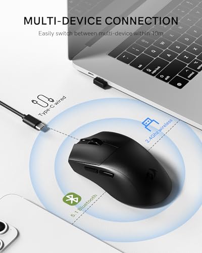 Redragon M821 Wireless Mouse Tri-Mode 54G Lightweight Black Silent Mice | 2.4G/USB C Wired/Bluetooth,PC Gaming Mice for Computer Laptop Mac Windows, Max 128000 DPI, 1K Polling, 6 Programmable Buttons