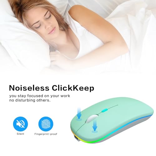 AIKOKOK Wireless Bluetooth Mouse, Rechargeable Dual Mode Mouse, Green | BT 5.2 & 2.4G USB Receiver, 3 Adjustable DPI,LED Lights,Slim,Silent,Portable Computer Mouse for Laptop,PC,MacBook,iPad,Tablet - color: Green