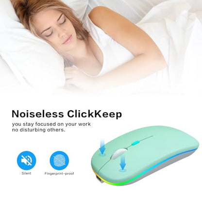 AIKOKOK Wireless Bluetooth Mouse, Rechargeable Dual Mode Mouse, Green | BT 5.2 & 2.4G USB Receiver, 3 Adjustable DPI,LED Lights,Slim,Silent,Portable Computer Mouse for Laptop,PC,MacBook,iPad,Tablet - color: Green