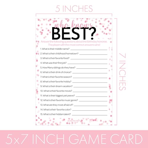 Pink and Black 80th Birthday Games Set, Born in the 1940s, 20 Guests | 5" x 7" Dual-Sided Cards, Who Knows Best, Older or Younger, and 1940s Trivia Games, Answer Keys Included - color: Pink