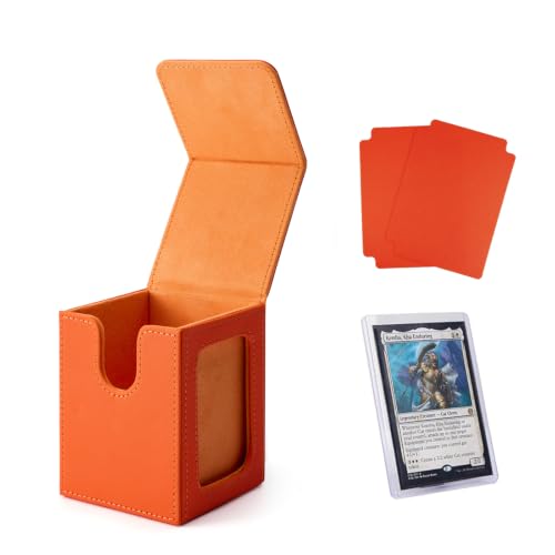 MTG Deck Box with Commander Display, Fits TCG Cards (Orange&Orange) | Holds 120 Single/100 Double-Sleeved Cards, Fit MTG/PTCG/OPTCG Cards, Strong Magnet, PU Leather, With 2 Dividers & 1 Toploader - color: Orange&Orange