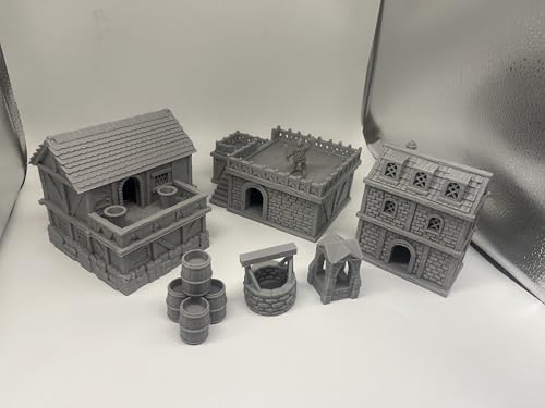 HAUTICO Middle Ages Medieval Town Buildings Terrain Set for Miniatures Tabletop Campaigns, Hobby Building, Diorama Kits, 3D Printed and Paintable, Gift for Tabletop Hobby Enthusiasts (18mm)