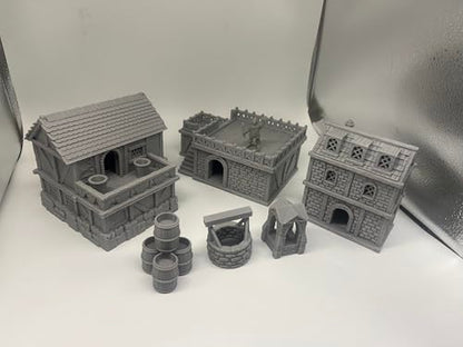 HAUTICO Middle Ages Medieval Town Buildings Terrain Set for Miniatures Tabletop Campaigns, Hobby Building, Diorama Kits, 3D Printed and Paintable, Gift for Tabletop Hobby Enthusiasts (18mm)