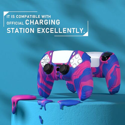 eXtremeRate PlayVital Samurai Edition Anti-Slip Controller Silicone Skin for ps5, Ergonomic Rubber Protective Case for ps5 Controller with Thumb Stick Caps - Pink & Purple & Blue - color: Pink & Purple & Blue