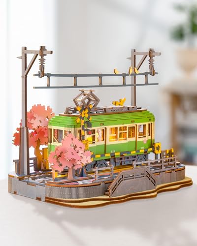 Rolife 3D Wooden Puzzle for Adults, Sakura Journey Tram DIY Model Building Kits with LED Lights, Creative Kids Craft Hobby Gift and Brain Teaser Home Decor Assembly Toy