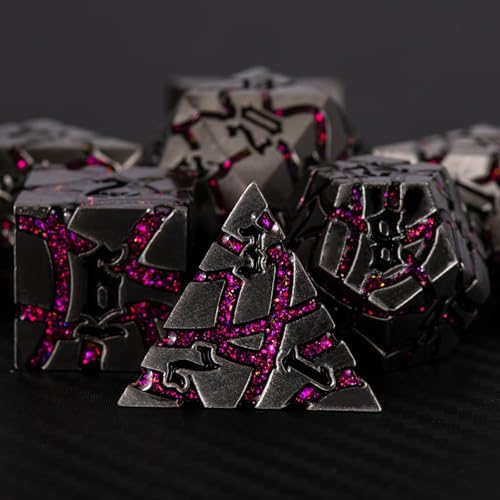 Cracked Rune Metal Dice Set for DND & RPG – Dark Fantasy Fractured Design, Premium Heavy Metal Polyhedral Dice with Deep Engraved Numbers, 7-Piece Set – Red Infernal Vein - color: Antique Silver Rose Red