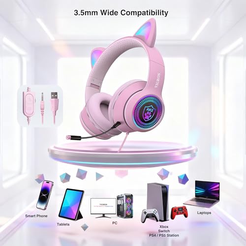 Cat Ear Gaming Headphones Wired AUX 3.5mm with LED Light, VIGROS Flashing Stereo Game Headphones Surround Sound Over-Ear Headsets with Microphone Fit Kids & Adult for PC, PS4, Switch, Mobile, Laptop - color: Pink