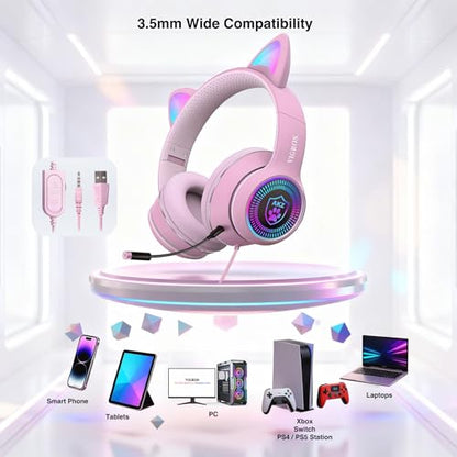 Cat Ear Gaming Headphones Wired AUX 3.5mm with LED Light, VIGROS Flashing Stereo Game Headphones Surround Sound Over-Ear Headsets with Microphone Fit Kids & Adult for PC, PS4, Switch, Mobile, Laptop - color: Pink