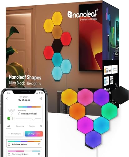 Nanoleaf Shapes LED Wall Lights, RGBW Smart Wall Panels with 16M+ Color, Compatible with Alexa & Google Assistant, Music Sync, DIY Gaming Light for Home Decor (Black Hexagons Smarter Kit 9 Pack) - size: Black Hexagons Smarter Kit (9 Pack)