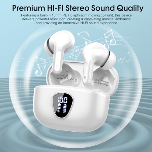 Wireless Earbuds, Bluetooth 5.4 Headphones HiFi Stereo, Bluetooth Earbuds with ENC Noise Cancelling Mic, IP7 Waterproof in Ear Earphones, 48H, LED Display Ear buds for Pad Workout Sports, White Purple - color: White