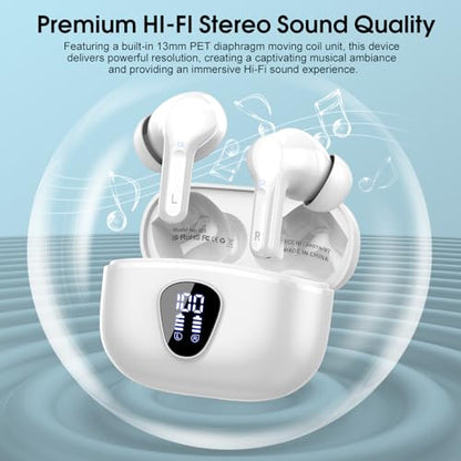 Wireless Earbuds, Bluetooth 5.4 Headphones HiFi Stereo, Bluetooth Earbuds with ENC Noise Cancelling Mic, IP7 Waterproof in Ear Earphones, 48H, LED Display Ear buds for Pad Workout Sports, White Purple - color: White