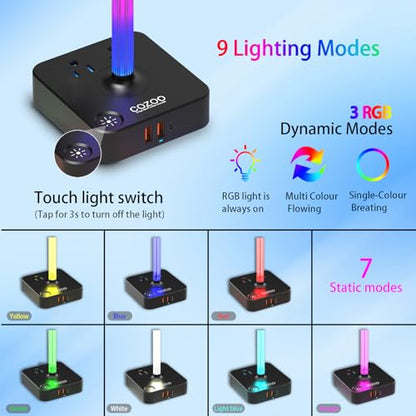 RGB Headphone Stand with USB Charger COZOO Desktop Gaming Headset Holder Hanger with 3 USB Charger and 2 Outlets - Great for Gaming, DJ, Wireless Earphone Display,Gamer PC Accessories Boyfriend Gifts | Gaming Headset Stand Holder for Desk, 3 USB(1 USB C)