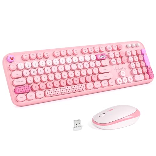 KNOWSQT Wireless Keyboard and Mouse Combo - Lovely Pink Rainbow 2.4G Full-Sized Colorful Keyboards, Round Keycap USB Dongle Plug Play Cute Keyboards for Windows, Laptop, PC, Desktop, Mac - color: Lovely Pink