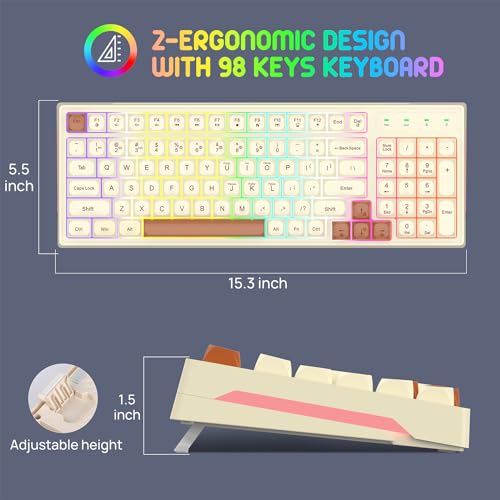 KOLMAX BK98 Wireless Gaming Keyboard, Dual Mode 2.4G/Bluetooth Gaming Keyboard,RGB Backlit Ergonomic 98 Keys PBT Mechanical Feeling Wireless Keyboard for Office Windows Mac PC Gamer(Retro Brown) - color: Retro Brown