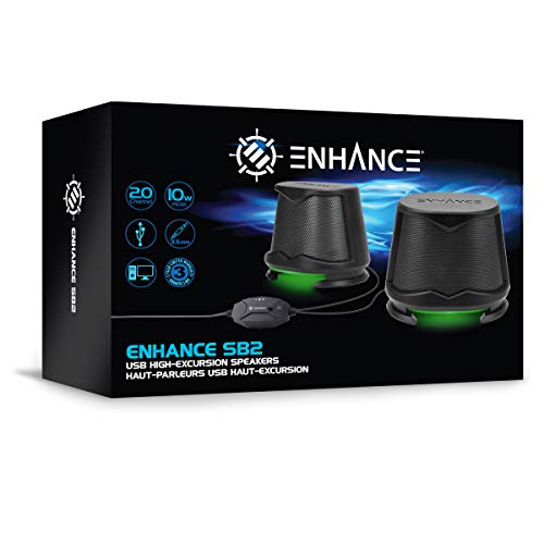 ENHANCE SB2 USB Computer Speakers, 2.0 Stereo with Green LED Lighting, 10W Peak High Excursion Drivers, 3.5 mm Aux, in Line Volume and Light Switch, PC Laptop Desktop - color: Green