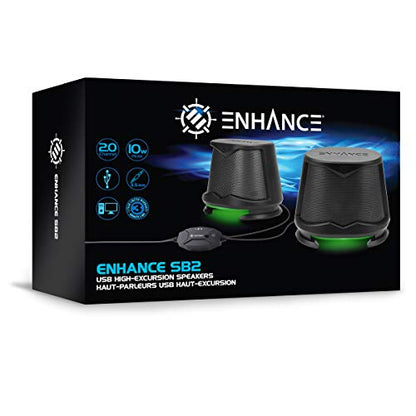 ENHANCE SB2 USB Computer Speakers, 2.0 Stereo with Green LED Lighting, 10W Peak High Excursion Drivers, 3.5 mm Aux, in Line Volume and Light Switch, PC Laptop Desktop - color: Green