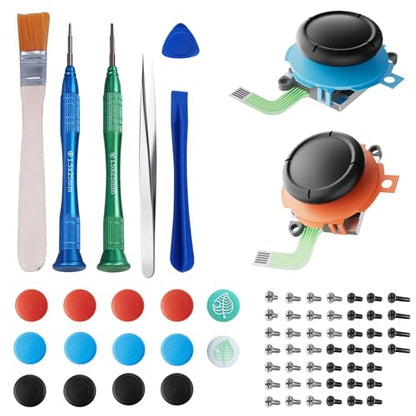 Joystick Replacement for Joycon(68 in one), Repair Tool Kit for Switch2 Joycon, Includes 2 Analog Sticks, Drift Fix Tools Y/+ Screwdriver, Tweezers, Pry Tools, 14 Thumbstick Grips, Matching Screws - color: black-68 in one