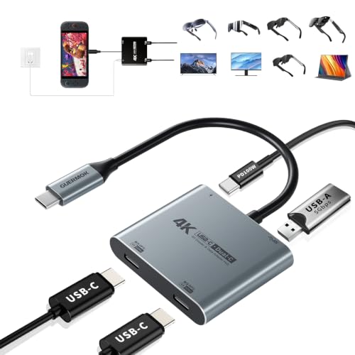Guermok 4-in-1 Dual USB-C Display Hub, 4K@60Hz Video Output, AR Glasses Hub | PD 100W Input & USB 3.0 5Gbps, Compatible with AR Glasses, Switch 2, Laptops, Portable Monitors & Type-C Displays（Gray） - color: Gray