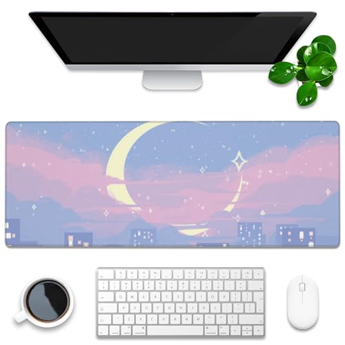 Desk Mat, Anime Moon City Night Scene Extended Gaming Mouse Pad Large, 31.5"x11.8" Big Mouse Pad with Non-Slip Base and Stitched Edge, Long Computer Keyboard Mouse Mat for Home Office Work - color: Moon Night Scene, size: 31.5"x11.8"
