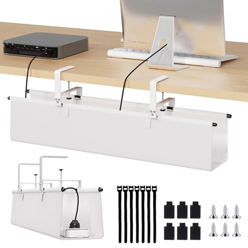 Under Desk Cable Management Tray, 28" Fabric Wire Cord Organizer, White | No Drill Under Table Wire Organizer with 16X Cable Ties for Office/Home, Cord Hider Fit Adapters & Sockets, Clamp/Screw Mount - color: White, size: 28'' L