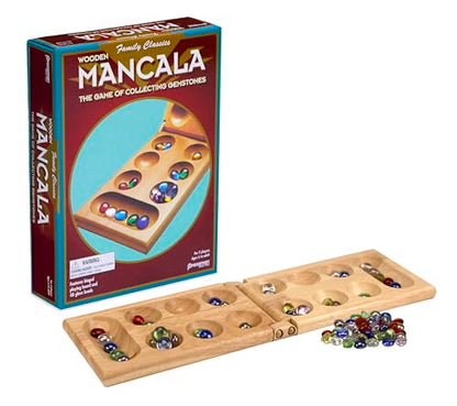 Pressman Mancala Board Game | Fun Classic Table for Adults & Kids | Includes 48 Glass Mancala Stones and Wood Hinged Playing Board | 2 Players, Ages 6+ - size: 1 pack