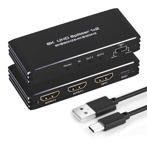 8K@60Hz HDMI Splitter 1 in 2 Out, 1x2 HDMI 2.1 Splitter Support 4K@120Hz, 1080P@240Hz VRR HDCP2.3 HDR HDR10 48Gbps EDID Dolby Atmos 7.1ch - size: 1x2