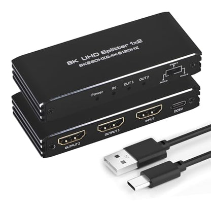 8K@60Hz HDMI Splitter 1 in 2 Out, 1x2 HDMI 2.1 Splitter Support 4K@120Hz, 1080P@240Hz VRR HDCP2.3 HDR HDR10 48Gbps EDID Dolby Atmos 7.1ch - size: 1x2
