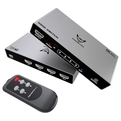 8K HDMI 2.1 Switch 4 in 1 Out 4K 120Hz Selector PS5 Xbox PC | 8K@60Hz VRR & Dolby Vision support with wireless IR remote & aluminum alloy body - size: 4x1 8K@60HZ