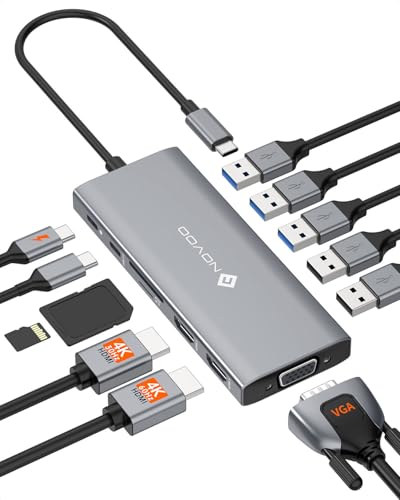 NOVOO USB C Docking Station, 12 in 1 Docking Station Dual Monitor with 2 HDMI, VGA, 5 USB Ports, 100W PD, USB-C Data, SD/TF Card Reader, Compatible with MacBook/Dell/HP/Surface - style: 12-in-1