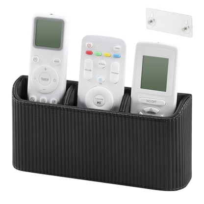 Remote Control Holder Wall Mount TV Remote Holder Caddy Organizer | PU Leather, Self Adhesive, 3 Compartments, Soft Velvet Lining, Aesthetic Stripes - color: Black