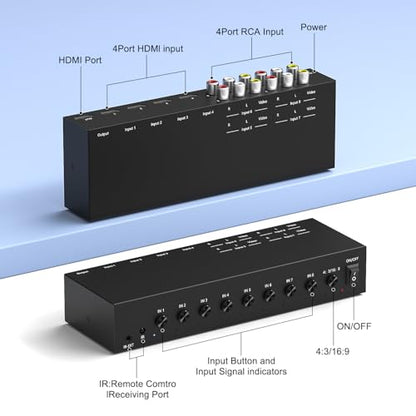 Y.D.F 4 Way HDMI 2.0 Switcher + 4 RCA to HDMI Converter(2 in 1) 4 Way AV Composite CVBS Switch to HDMI Adapter Support 4:3/16:9 Switching for N64 NGC Wii Xbox PS2/3/4/5 Xbox Series/ONE Switch
