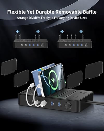 85W Charging Station for Multiple Devices,7 Port USB Charger Stations with 2 AC, 2 USB C, 3 USB A,Family Multi-Device Organizer Charging Dock -Designed for iPhone iPad Android Cell Phone Tablet,Black
