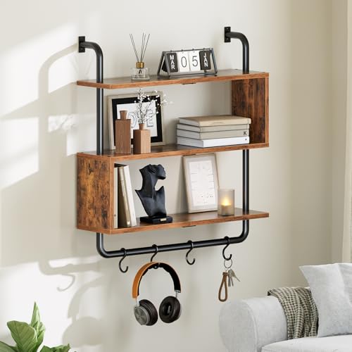 HOOBRO Floating Shelves with LED Lights, 29.5" LED Wall Mounted Gaming Shelf, 3-Tier Pipe Display Rack with Hanging Rod and 4 S-Hooks, for Storage Livingroom, Bedroom, Rustic Brown and Black BF21DBJ01 - color: Rustic Brown + Black