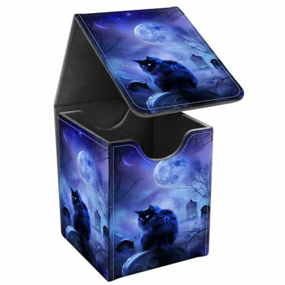 Card Deck Box, Card Storage Box Fits 100+ Single Sleeved Cards, Large Capacity PU Leather Card Storage Box with Strong Magnet for Magic Commander TCG CCG, Night Black Cat - color: Night Black Cat