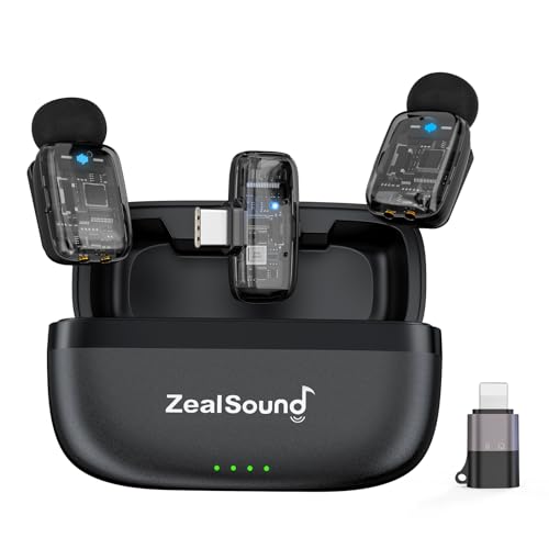 ZealSound Mini Wireless Lavalier Microphone for iPhone iPad Android, Dual Channel Wireless Mics with Noise Cancellation, Mute & Volume Control, 33H Battery Case, USB-C & Lightning Plug & Play, Black - color: Black