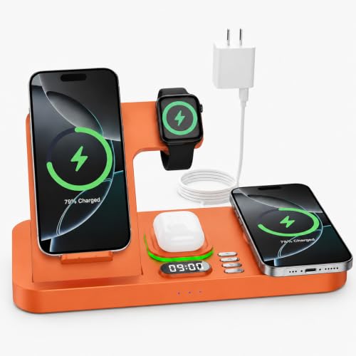 Dual Phone Wireless Charging Station for Apple Devices, Magnetic Charging Station for iPhone with Auto Switch 7-Color Light&Clock,Family Watch Charger for iPhone17 for iWatch11for AirPods Pro3(Orange) - color: Orange