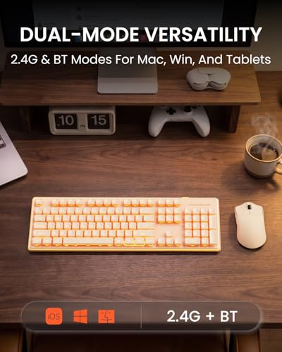 Wireless Keyboard and Mouse Combo with Warm Backlit Pudding Keycaps, Bluetooth & 2.4G, 2000mAh Rechargeable, Full Size, Metal Panel Quiet Computer Keyboard Set for Windows PC Desktop - Rose Gold - color: Rose Gold