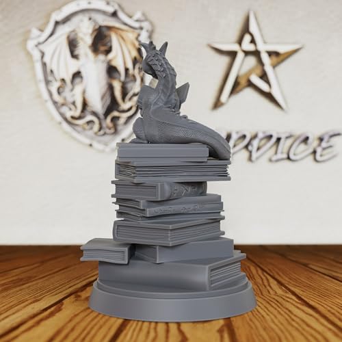 AUSPDICE Reading Dragon Miniature for Tabletop RPGs, 32mm DND Minis AS20 | Unpainted Resin Book Dragon on Stacked Tomes for DND, Dungeon Masters, Fantasy Collectors, Tabletop Gamers and RPG Gifts