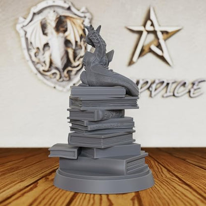 AUSPDICE Reading Dragon Miniature for Tabletop RPGs, 32mm DND Minis AS20 | Unpainted Resin Book Dragon on Stacked Tomes for DND, Dungeon Masters, Fantasy Collectors, Tabletop Gamers and RPG Gifts