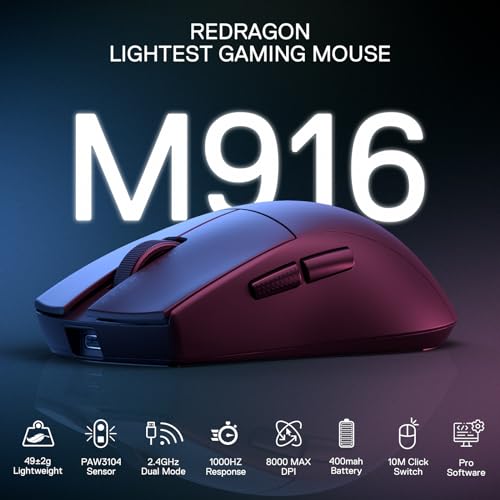 Redragon M916 Wireless 49G Ultra-Light Gaming Mouse 8K DPI Remapping Keys | Cable-Free 0 Delay, Dedicated for FPS Gamers, Redefine Keybinding Macro, Ergonomic Grip Body Comfort