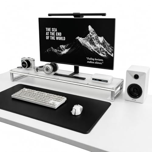 LED Lighted Monitor Stand Riser, Aluminum Alloy Frame with Frosted Acrylic Top, Under-Desk Storage Organizer for Small Parts, Minimalist Desktop Stand for Home & Gaming Setup (23.6 in / 600 mm) - size: Medium (23.6")