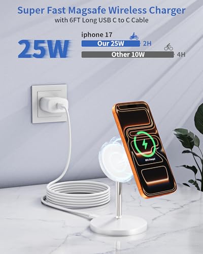 Magnetic Wireless Charger Stand, 25W Fast Mag Safe Charger iPhone Stand, 6FT Magnet Wireless Charging Station Pad with 35W Adapter for iPhone 17 Air 17 Pro 17 Pro Max 16 15 14 13 12, AirPods Pro 2/3/4
