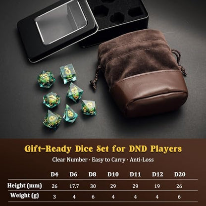 MoKo Liquid Core DND Dice Set 7PCS, Green + Gold | Sharp Edge Resin Polyhedral, D20 D12 D10 D8 D6 D4 D%, Gift Box Included, Compatible with Dungeons and Dragons RPG - color: 1 - Green + Gold