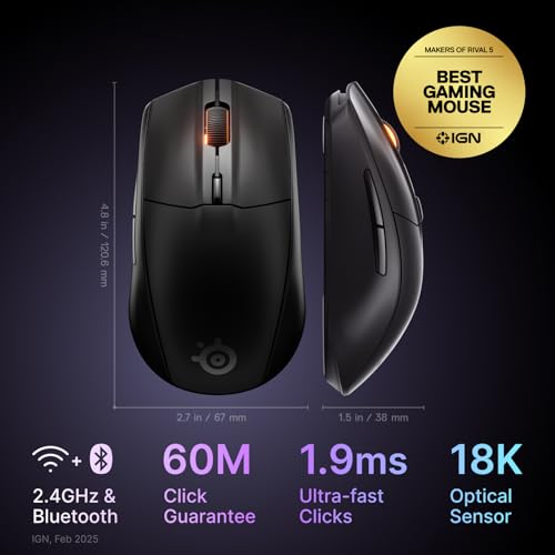 SteelSeries Rival 3 Wireless Gen 2 Gaming Mouse — 2.4GHz and Bluetooth — 18000 DPI TrueMove Air Optical Sensor — 60 Million Click Durability — Light-Weight — 100% PTFE Feet — Black | TrueMove Air 18K Sensor with Quantum 2.0 Wireless and 60M clicks for gam