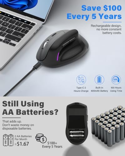 E-YOOSO X45 Rechargeable Vertical Ergonomic Wireless/Bluetooth/Wired Mouse,for Medium/Big/Large Hand,Quiet Clicks,4800 DPI,Cordless/USB C Cord,Witeless Mice for Laptop/Computer/MacBook/Chromebook/PC