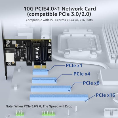 VIMIN 10G PCIe 4.0 x1 Network Card with Realtek RTL8127AT | support for 10G/5G/2.5G/1G/100M speeds，x1, x4, x8, and x16 PCIe slots for maximum installation flexibility