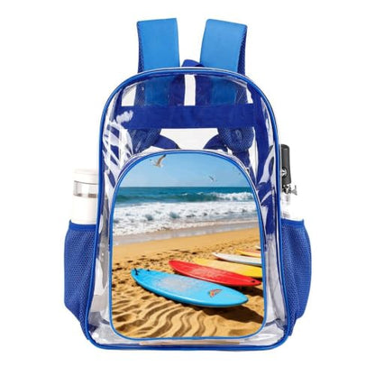 16" Clear Backpack Waterproof Stadium Bag for Security | Beach Surfboard, Transparent Backpack Stadium Events, Heavy Duty Bookbag, See Through Bag for Sports Festivals Travel - color: Blue