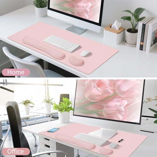 핑크 가죽 책상 패드 및 키보드 손목 받침대, 80cm x 39.9cm | 3in1 마우스 패드 + 키보드 손목 받침대 + 마우스 손목 받침대, 미끄럼 방지 방수 책상 필기 패드 사무실 및 가정용 - color: 핑크 손목 받침대, size: 31.5 x 15.7인치