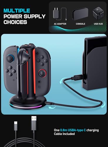 SUPCASE Charging Dock for Nintendo Switch 2 Joy Con, Black | Supports Dual-Side Charging, 9 Light Modes, Magnetic Controller, Fast Charger Stand Station